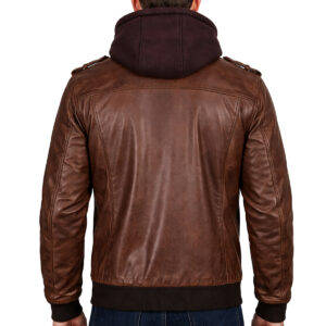 Hooded leather jacket men brown