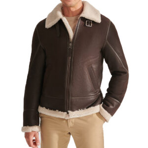 Mens Brown Biker Style Shearling Leather Jacket