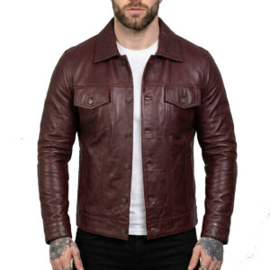 Men's Real Lambskin Leather Maroon Trucker Jacket