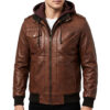 Mens Real Leather Brown Bomber Jacket With Removable Hood