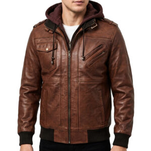 Mens Real Leather Brown Bomber Jacket With Removable Hood