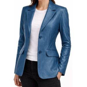 Women's Two Button Blue Leather Coat